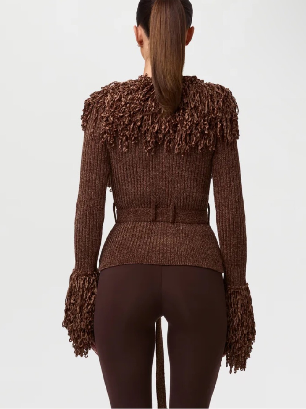 Naked Wardrobe Knit Fringe V-Neck Cardigan Brown Chenille Wrap Size Large - Picture 3 of 13
